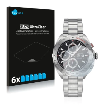 Vorderseite einer Produktverpackung mit dem Markenlogo Savvies. Daneben ist das Gerät TAG Heuer Formula 1 (44 mm) mit dem zuge