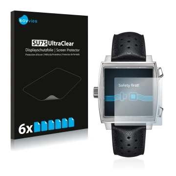 Vorderseite einer Produktverpackung mit dem Markenlogo Savvies. Daneben ist das Gerät TAG Heuer Monaco (39 mm) mit dem zugehör