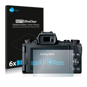 Vorderseite einer Produktverpackung mit dem Markenlogo Savvies. Daneben ist das Gerät Canon PowerShot G1 X Mark III mit dem zu