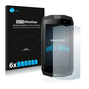 Vorderseite einer Produktverpackung mit dem Markenlogo Savvies. Daneben ist das Gerät Crosscall Trekker M1 mit dem zugehörigen