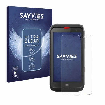 Vorderseite einer Produktverpackung mit dem Markenlogo Savvies. Daneben ist das Gerät Crosscall Action X3 mit dem zugehörigen 