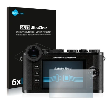 Vorderseite einer Produktverpackung mit dem Markenlogo Savvies. Daneben ist das Gerät Leica CL mit dem zugehörigen Displayschu