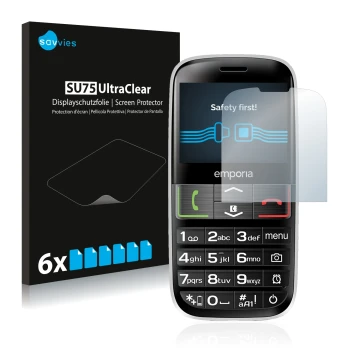 Vorderseite einer Produktverpackung mit dem Markenlogo Savvies. Daneben ist das Gerät Emporia Euphoria V50-3G mit dem zugehöri