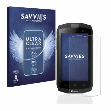 Vorderseite einer Produktverpackung mit dem Markenlogo Savvies. Daneben ist das Gerät Crosscall Trekker M1 Core mit dem zugehö