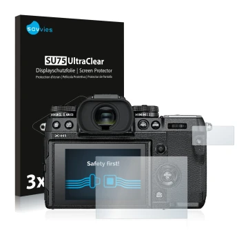 Vorderseite einer Produktverpackung mit dem Markenlogo Savvies. Daneben ist das Gerät Fujifilm X-H1 mit dem zugehörigen Displa