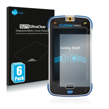 Vorderseite einer Produktverpackung mit dem Markenlogo Savvies. Daneben ist das Gerät Vtech Kidicom Max mit dem zugehörigen Di