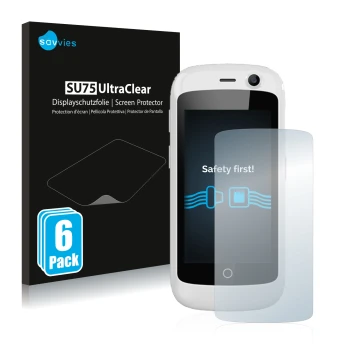 Vorderseite einer Produktverpackung mit dem Markenlogo Savvies. Daneben ist das Gerät Unihertz Jelly Pro mit dem zugehörigen D