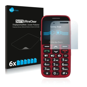 Vorderseite einer Produktverpackung mit dem Markenlogo Savvies. Daneben ist das Gerät Doro Primo 366 mit dem zugehörigen Displ