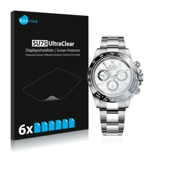 Vorderseite einer Produktverpackung mit dem Markenlogo Savvies. Daneben ist das Gerät Rolex Cosmograph Daytona (40 mm) mit dem