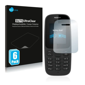 Vorderseite einer Produktverpackung mit dem Markenlogo Savvies. Daneben ist das Gerät Nokia 105 2017 mit dem zugehörigen Displ