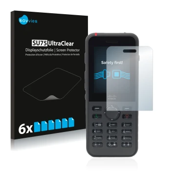 Vorderseite einer Produktverpackung mit dem Markenlogo Savvies. Daneben ist das Gerät Cisco IP Phone 8821 mit dem zugehörigen 