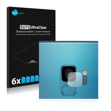 Vorderseite einer Produktverpackung mit dem Markenlogo Savvies. Daneben ist das Gerät Samsung Galaxy S9 (NUR Kameraschutz) mit