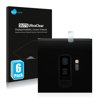 Vorderseite einer Produktverpackung mit dem Markenlogo Savvies. Daneben ist das Gerät Samsung Galaxy S9 Plus (NUR Kameraschutz