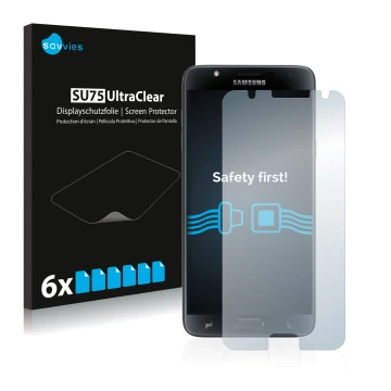 Vorderseite einer Produktverpackung mit dem Markenlogo Savvies. Daneben ist das Gerät Samsung Galaxy J7 Duo 2018 mit dem zugeh