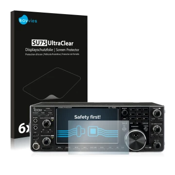 Vorderseite einer Produktverpackung mit dem Markenlogo Savvies. Daneben ist das Gerät Icom IC-7610 mit dem zugehörigen Display