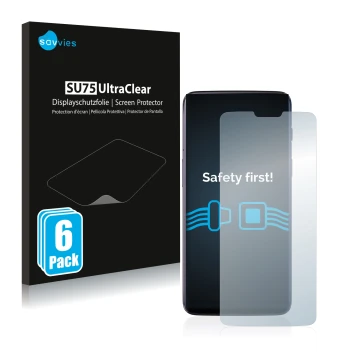 Vorderseite einer Produktverpackung mit dem Markenlogo Savvies. Daneben ist das Gerät OnePlus 6 mit dem zugehörigen Displaysch