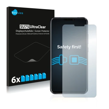 Vorderseite einer Produktverpackung mit dem Markenlogo Savvies. Daneben ist das Gerät ASUS ZenFone 5 ZE620KL mit dem zugehörig