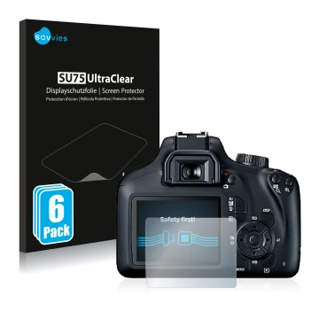 Vorderseite einer Produktverpackung mit dem Markenlogo Savvies. Daneben ist das Gerät Canon EOS 4000D mit dem zugehörigen Disp