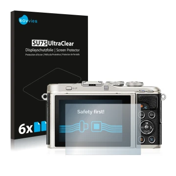 Vorderseite einer Produktverpackung mit dem Markenlogo Savvies. Daneben ist das Gerät Olympus PEN E-PL9 mit dem zugehörigen Di