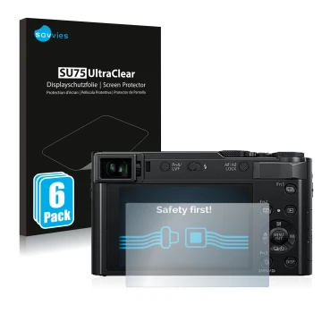Vorderseite einer Produktverpackung mit dem Markenlogo Savvies. Daneben ist das Gerät Panasonic Lumix DC-TZ202 mit dem zugehör