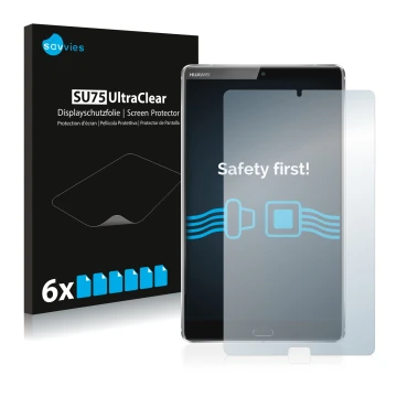 Vorderseite einer Produktverpackung mit dem Markenlogo Savvies. Daneben ist das Gerät Huawei MediaPad M5 8.4 mit dem zugehörig