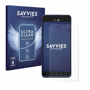 Vorderseite einer Produktverpackung mit dem Markenlogo Savvies. Daneben ist das Gerät Doro 8035 mit dem zugehörigen Displaysch