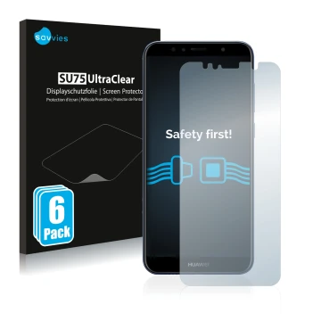 Vorderseite einer Produktverpackung mit dem Markenlogo Savvies. Daneben ist das Gerät Huawei Y6 2018 mit dem zugehörigen Displ