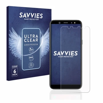Vorderseite einer Produktverpackung mit dem Markenlogo Savvies. Daneben ist das Gerät Samsung Galaxy A6 2018 mit dem zugehörig