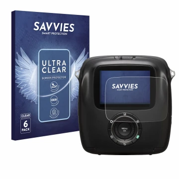 Vorderseite einer Produktverpackung mit dem Markenlogo Savvies. Daneben ist das Gerät Fujifilm Instax Square SQ10 mit dem zuge