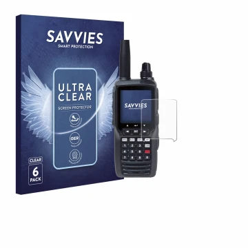 Vorderseite einer Produktverpackung mit dem Markenlogo Savvies. Daneben ist das Gerät Yaesu FTA-450 mit dem zugehörigen Displa