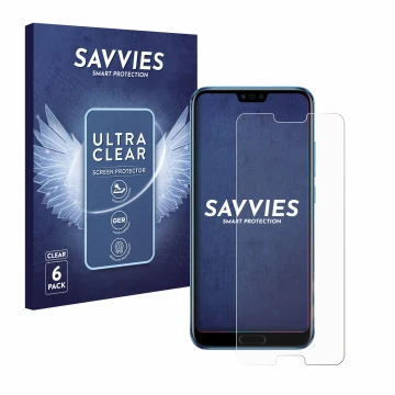 Vorderseite einer Produktverpackung mit dem Markenlogo Savvies. Daneben ist das Gerät Honor 10 mit dem zugehörigen Displayschu