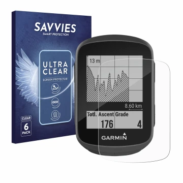 Vorderseite einer Produktverpackung mit dem Markenlogo Savvies. Daneben ist das Gerät Garmin Edge 130 mit dem zugehörigen Disp