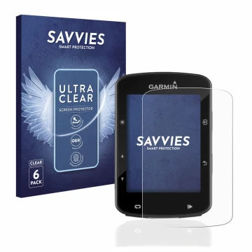 Vorderseite einer Produktverpackung mit dem Markenlogo Savvies. Daneben ist das Gerät Garmin Edge 520 Plus mit dem zugehörigen