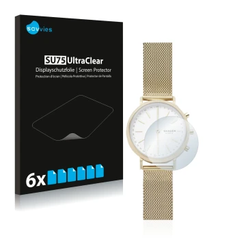 Vorderseite einer Produktverpackung mit dem Markenlogo Savvies. Daneben ist das Gerät Skagen Hybrid Smartwatch Mini Hald (34 m