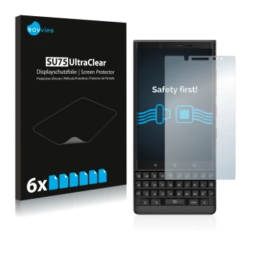Vorderseite einer Produktverpackung mit dem Markenlogo Savvies. Daneben ist das Gerät BlackBerry Key2 mit dem zugehörigen Disp