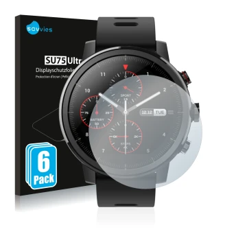 Vorderseite einer Produktverpackung mit dem Markenlogo Savvies. Daneben ist das Gerät Huami Amazfit Stratos mit dem zugehörige