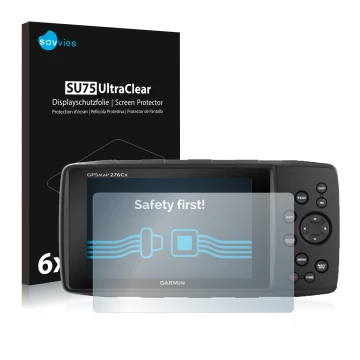 Vorderseite einer Produktverpackung mit dem Markenlogo Savvies. Daneben ist das Gerät Garmin GPSMAP 276Cx mit dem zugehörigen 