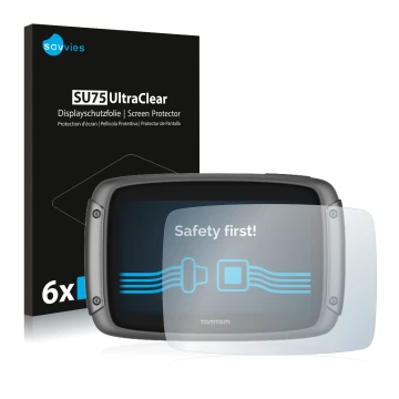 Vorderseite einer Produktverpackung mit dem Markenlogo Savvies. Daneben ist das Gerät TomTom Rider 500 mit dem zugehörigen Dis