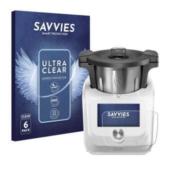 Vorderseite einer Produktverpackung mit dem Markenlogo Savvies. Daneben ist das Gerät SilverCrest Monsieur Cuisine Connect mit