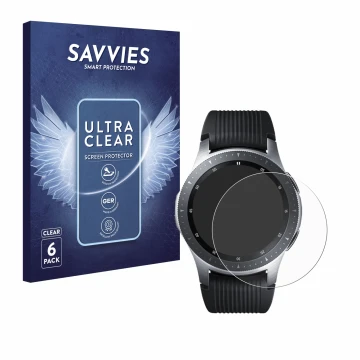 Vorderseite einer Produktverpackung mit dem Markenlogo Savvies. Daneben ist das Gerät Samsung Galaxy Watch (46 mm) mit dem zug