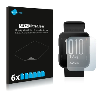 Vorderseite einer Produktverpackung mit dem Markenlogo Savvies. Daneben ist das Gerät Garmin Approach S10 mit dem zugehörigen 