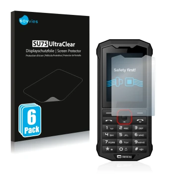 Vorderseite einer Produktverpackung mit dem Markenlogo Savvies. Daneben ist das Gerät Crosscall Spider X4 mit dem zugehörigen 