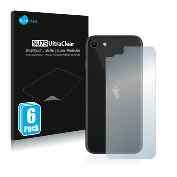 Vorderseite einer Produktverpackung mit dem Markenlogo Savvies. Daneben ist das Gerät Apple iPhone SE 2 2020 (Rückseite) mit d