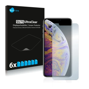Vorderseite einer Produktverpackung mit dem Markenlogo Savvies. Daneben ist das Gerät Apple iPhone Xs Max mit dem zugehörigen 