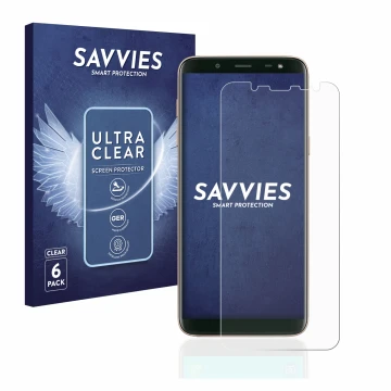 Vorderseite einer Produktverpackung mit dem Markenlogo Savvies. Daneben ist das Gerät Samsung Galaxy J6 2018 mit dem zugehörig