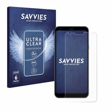 Vorderseite einer Produktverpackung mit dem Markenlogo Savvies. Daneben ist das Gerät LG Q7 mit dem zugehörigen Displayschutz 