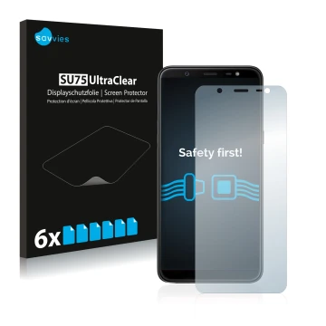 Vorderseite einer Produktverpackung mit dem Markenlogo Savvies. Daneben ist das Gerät Samsung Galaxy J8 2018 mit dem zugehörig