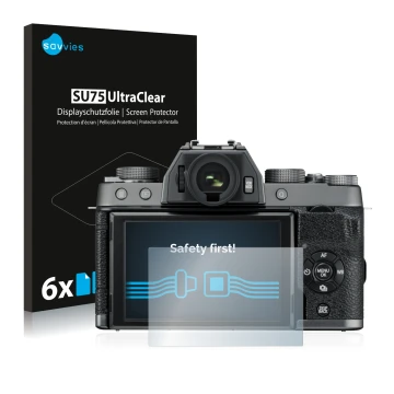 Vorderseite einer Produktverpackung mit dem Markenlogo Savvies. Daneben ist das Gerät Fujifilm X-T100 mit dem zugehörigen Disp