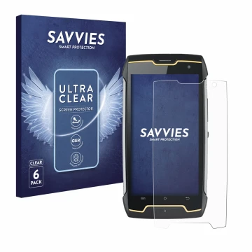 Vorderseite einer Produktverpackung mit dem Markenlogo Savvies. Daneben ist das Gerät Cubot King Kong mit dem zugehörigen Disp