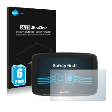 Vorderseite einer Produktverpackung mit dem Markenlogo Savvies. Daneben ist das Gerät TomTom GO Basic 5